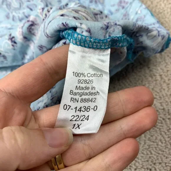 Woman Within Knit Top Women's 22/24 Short Sleeve Blue Paisley Crew Neck Cotton - Picture 4 of 9